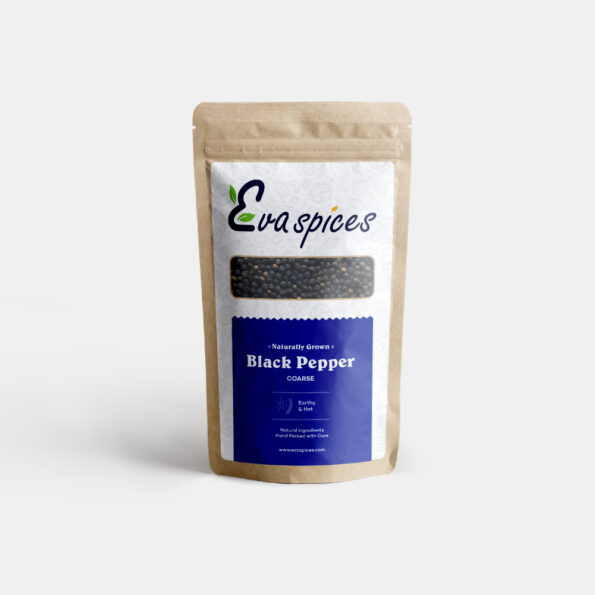 Eva Spices coarse ground black pepper in a small bowl, showcasing its coarse texture and aromatic color.