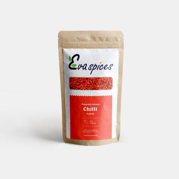 Eva Spices red chilli flakes in a small bowl, perfect for adding heat and flavor to your meals.